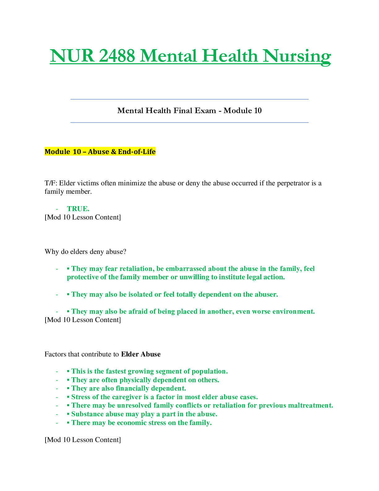 Preview of NUR2488 / NUR 2488 Final Exam [Module 10] Updated: Mental Health Nursing - Rasmussen